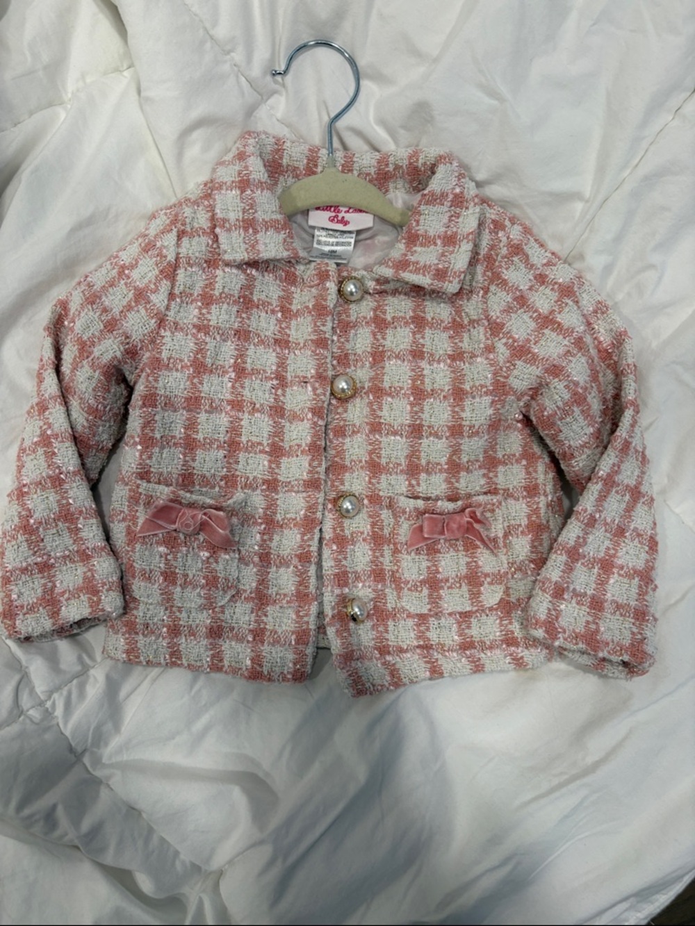 Little Lass Pink & Cream Check Tweed Jacket with Pearl Buttons